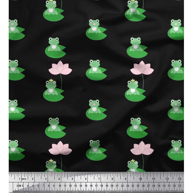 Soimoi Rayon Fabric Lotus & Frog Kids Print Fabric by Yard 56 Inch Wide