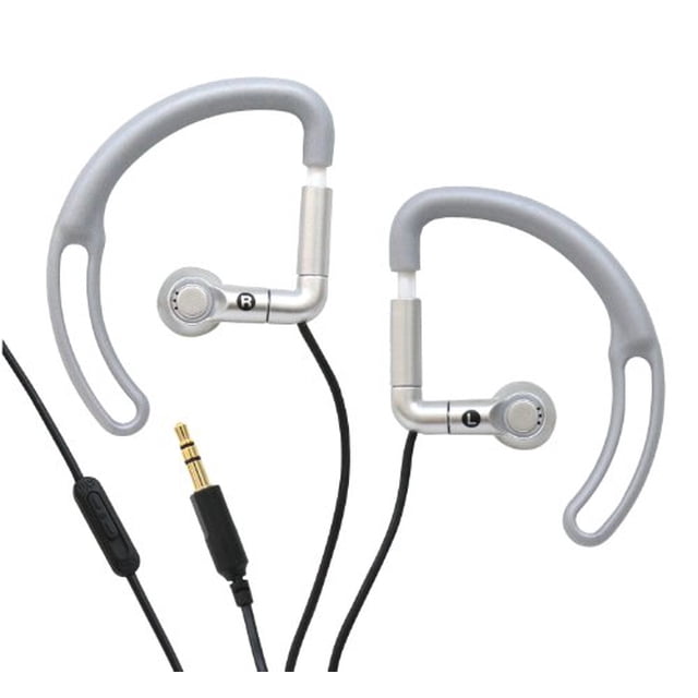 iHip Sport Earphones with Volume Control in silver, designed for sports use with a lightweight ergonomic earclip for secure fit. Features Basswind system for strong bass response and a standard 3.5mm mini plug for compatibility with various devices.