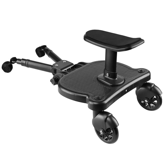 LIVINGbasics Universal Stroller Ride Board, a 2-in-1 stroller accessory with a detachable seat, shown in black PP material. Features include adjustable width and length, smooth 360° turning wheels, and a sturdy design suitable for children aged 3-6 years old, holding up to 55lbs.