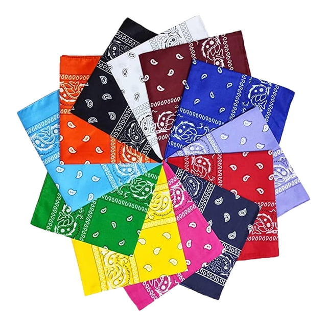 Douzaine de Bandanas Paisley Multicolores Ensemble Bandana de Cowboy Foulard pour la Tête Double face. Comprend 12 Grands Bandanas de 22 Pouces par 22 Pouces dans une Variété de Couleurs Vibrantes, Chacun Présentant un Motif Cachemire des Deux Côtés. Fabriqué à Partir d'Un Matériau Léger et Doux avec Bords Cousus pour Prévenir l'Effilochage. Convient pour Être Utilisé comme Bandeaux, Cravates, Bracelets, Mouchoirs, Masques Faciaux Ou Accessoires de Mode. Idéal pour Hommes, Femmes et Enfants, et Parfait pour Accessoires pour Enfants, ensembles western de Cowboy, costumes d'Halloween Ou Tenues de Jeu d'Imitation