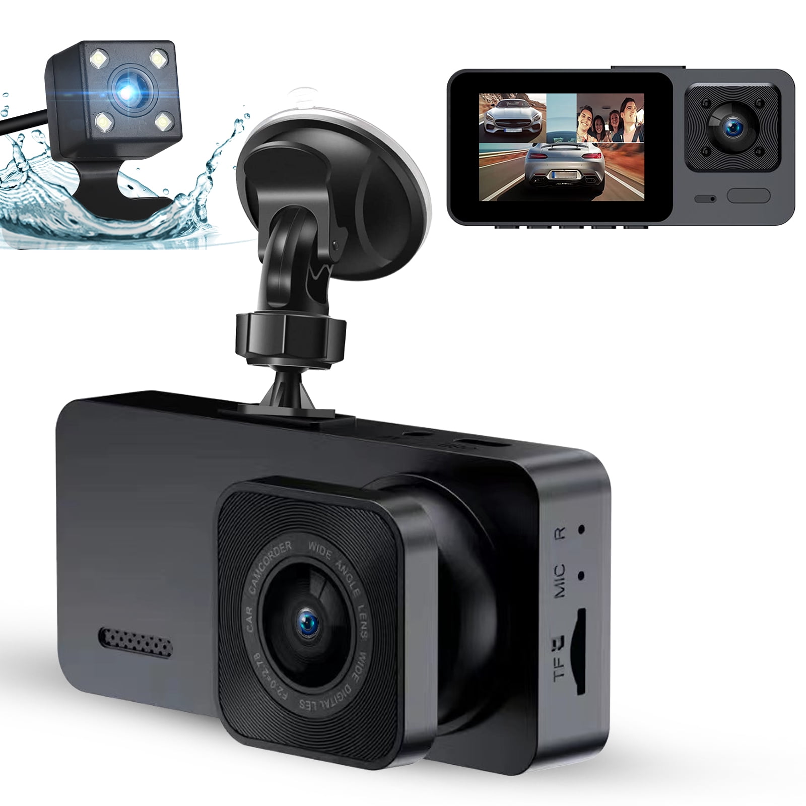 Dash Cam Front and Rear, TSV 3 Channel Dual Dash Camera, 1080P HD Screen Car Camera DVR Backup Cam with Night Vision