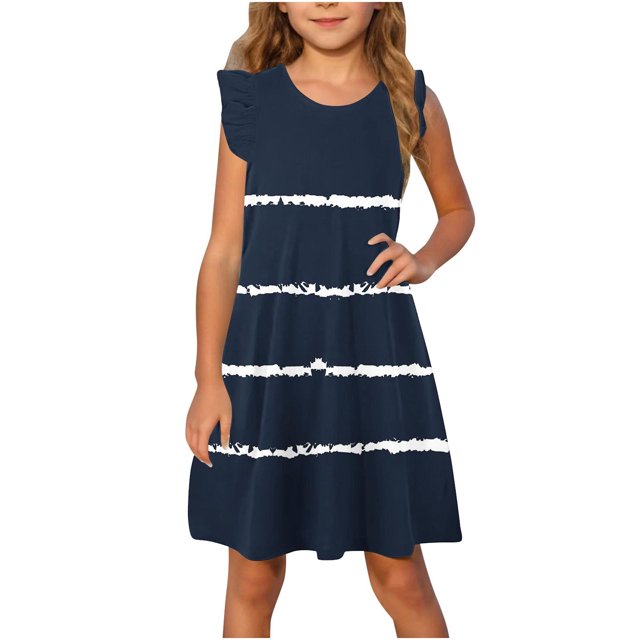 Économies d'Été! Robe d'Été pour Enfants, Robes Décontractées pour Filles en Solde, Robe d'Été à Manches à Volants pour Filles 4-14T