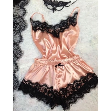 Sexy Lace Satin Pajama Sets Women's Sleepwear Sleeveless Tops+Shorts Sets Pyjama Sets For Women Pijama Nightwear - Pink / L