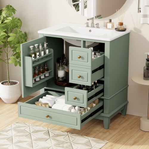Light Green 30" bathroom vanity with painted finish and freestanding structure with high-gloss ceramic sink