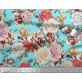 thumbnail image 2 of Soimoi Tissu Satin Modal Bleu Feuilles & Roses Imprimé Floral au Mètre 42 Pouces de Large, 2 of 3