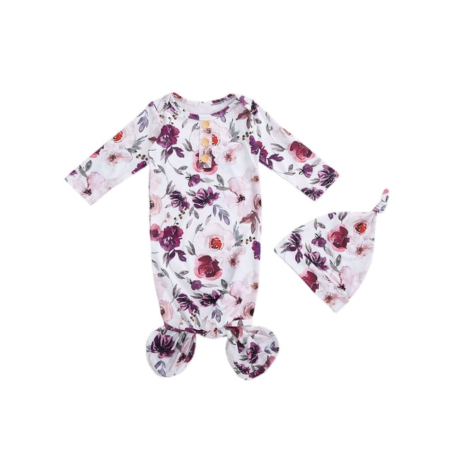 Xingqing 2PCS Newborn Infant Baby O-Neck Floral Cartoon Print Sleeping Pocket Round Hat