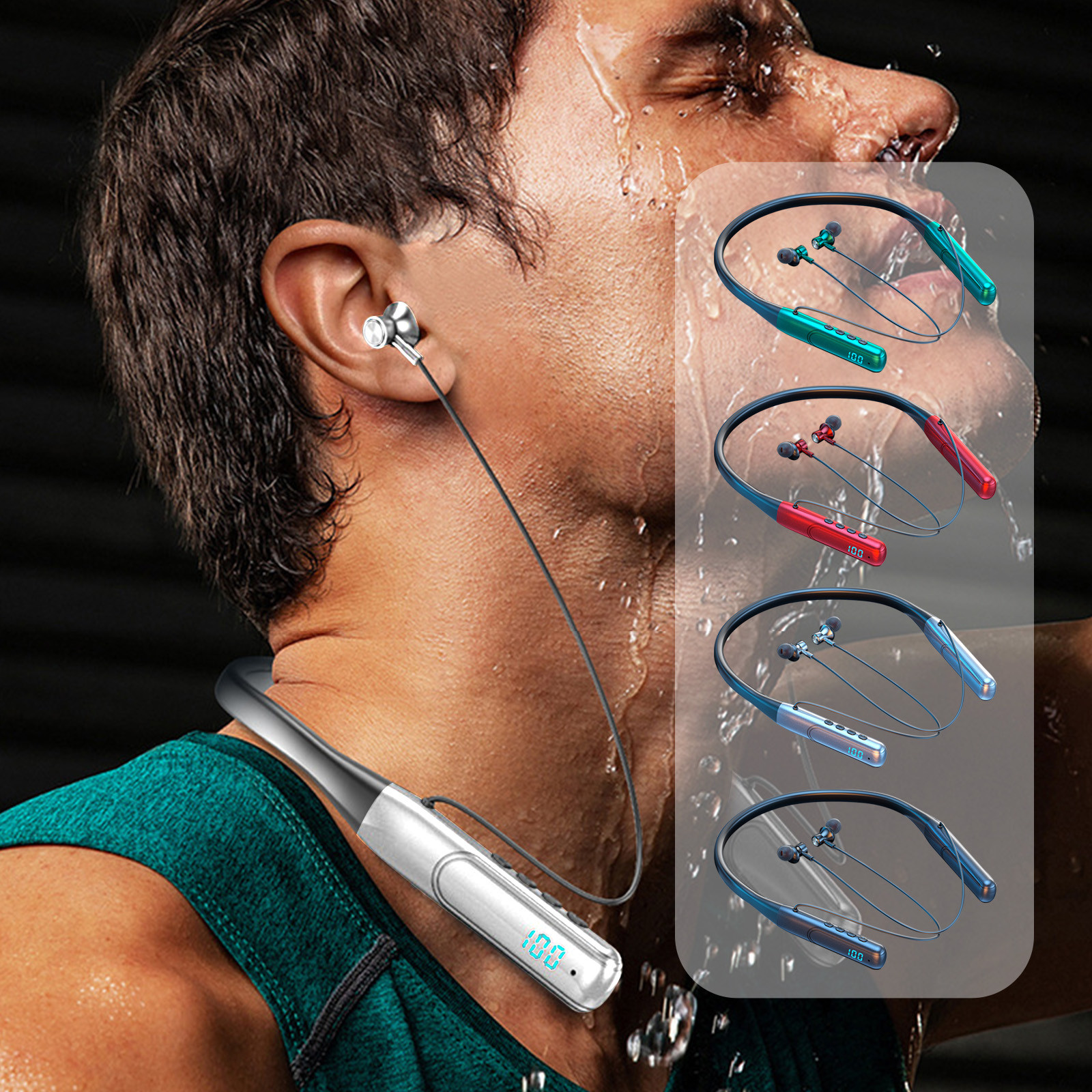 Cagogo 4Pcs Neckband Headphones, Wireless Bluetooth 5.3 Headset with Digital Display for Sports Running, 50 Hours Playtime Neck Mounted Gaming Headphones, Noise Cancelling In Ear Earbuds for Gym