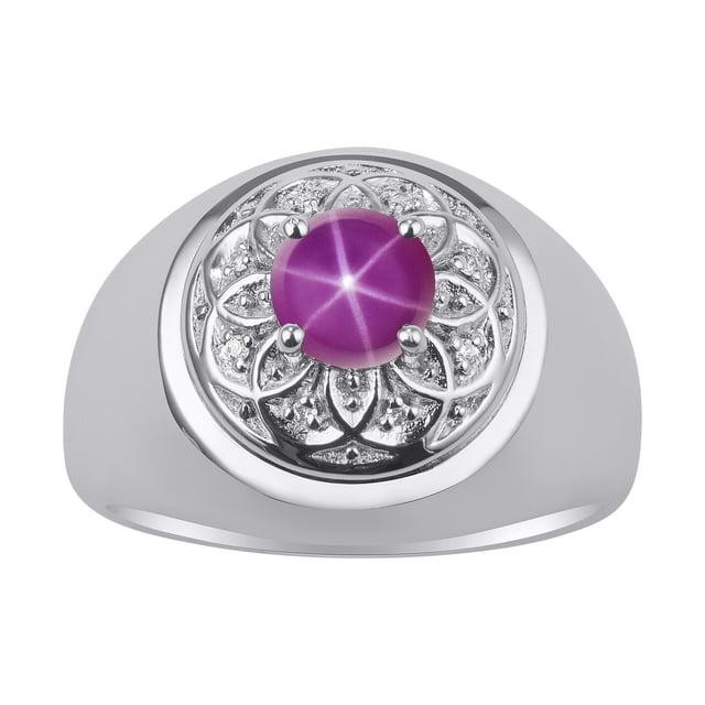 RYLOS Men's Rings Sterling Silver Designer Gypsy 7MM Round Gemstone & Diamond Ring Star Ruby July Birthstone Rings Size 10