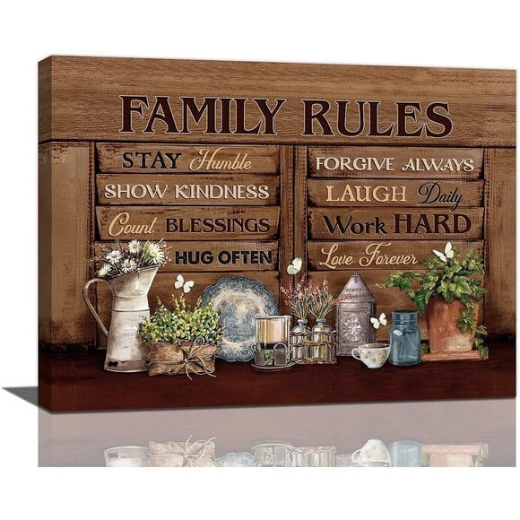 Farmhouse Kitchen Wall Art Rustic Floral Flower Butterfly Pictures Family Rules Motivational Canvas Painting Wall Decor Framed Artwork for Home Living Room Kitchen Bathroom Dining Room 16"x12"