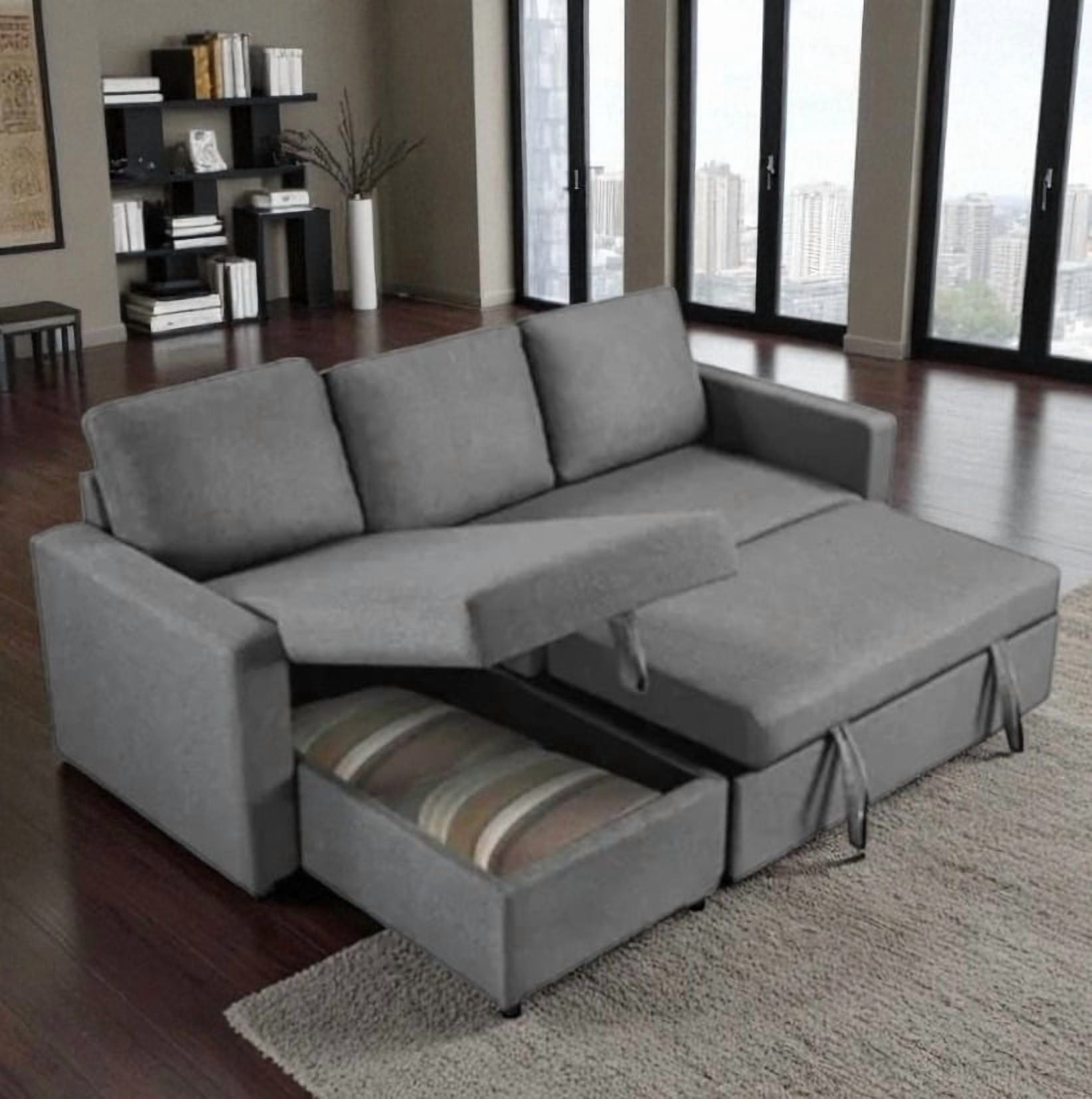 Cosmic Homes Canada Plushen Fabric Upholstered Sectional Sofa Bed With Reversible Storage Chaise - Grey