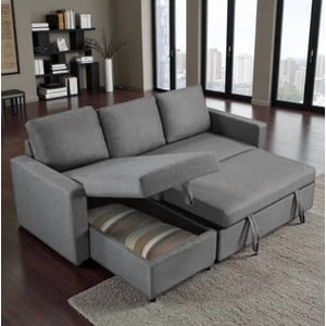 Cosmic Homes Canada Plushen Fabric Upholstered Sectional Sofa Bed With Reversible Storage Chaise - Grey