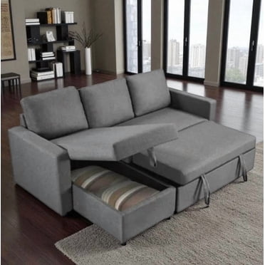 Cosmic Homes Canada Canapé Sectionnel-Lit Rembourré en Tissu Peluche avec Méridienne Réversible avec Rangement - Gris