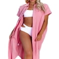 thumbnail image 4 of Femmes Maillot de Bain Couvrir Robe Manches Courtes Côté Divisé Bouton vers le Bas Longue Chemise Robe Cardigan Maxi Plage Robe Bleu, 4 of 7
