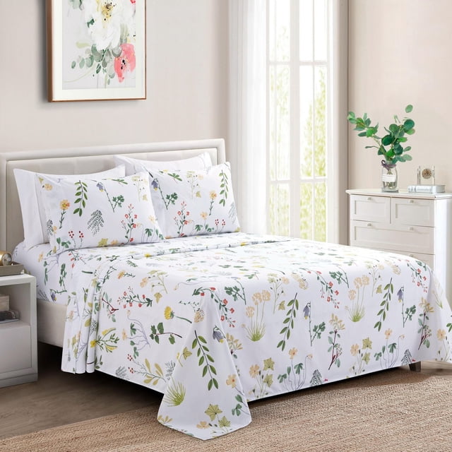Marina Decoration Ultra Soft Silky Deep Pocket Rich Printed Bedding Rayon from Bamboo All Season Sheet Set with Pillowcases in white featuring a colorful floral forest pattern with green leaves and small flowers, displayed on a neatly made bed with fitted sheet and matching pillowcases in a bright, minimalist bedroom, ideal for all-season use and breathable comfort.