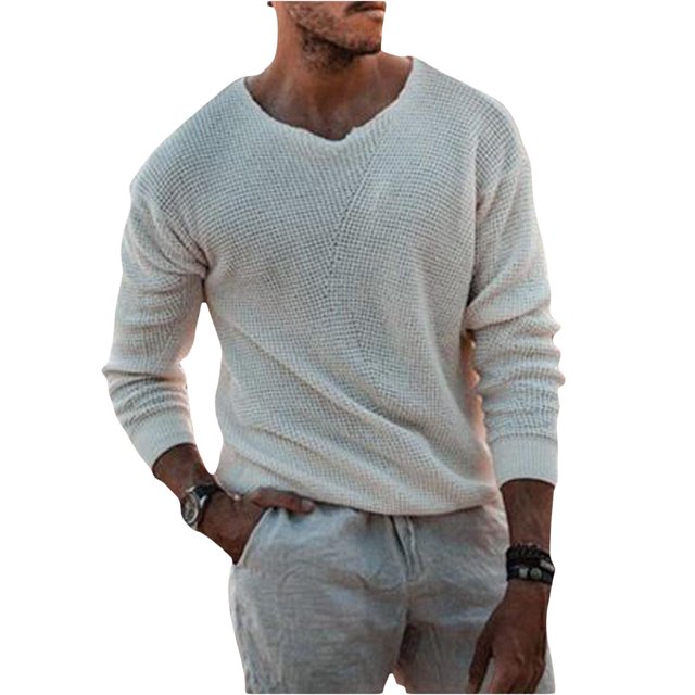 Faithtur Men's Spring Autumn Loose Knitwear Solid Color Long Sleeve Crewneck Pullover Sweater