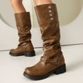 thumbnail image 2 of Slouchy Motorcycle Riding Combat Boots for Women Studded Leather Buckle Square Toe Knee High Cowboy Tall Boots, 2 of 6