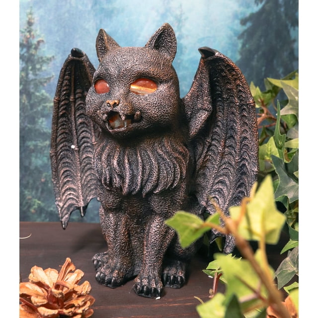Winged Cat Gargoyle With Vampire Fangs Glowing Eyes Votive Candle Holder Statue