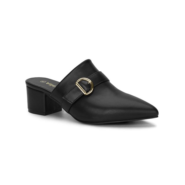 BLISSFUL STEP Women's Shoes Buckle Strap Pointed Toe Chunky Heel PU Vamp Mule Shoes Black 8