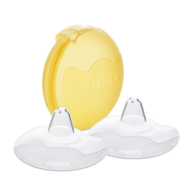 Medela Contact Boucliers de Mamelon avec Étui Incluant Deux Boucliers en silicone Transparents Ultra-Minces avec une Forme Découpée unique pour Plus de Contact avec la Peau et un Étui de Transport Rond Jaune Embossé du logo Medela, Conçus pour Soutenir l'Allaitement en Soulageant les Difficultés d'Enfilage du Loquet et les Douleurs au Mamelon.