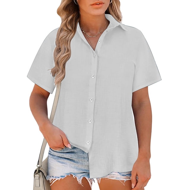 asjyhkr Plus Size Button down T Shirts for Women Linen Lightweight Comfy Soft Tees Summer Beach Tops Solid Color