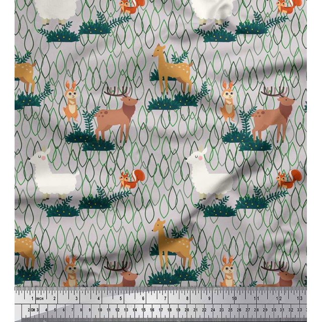Soimoi Satin Silk Fabric Rabbit,Sheep & Deer Kids Decor Fabric Printed Yard 42 Inch Wide