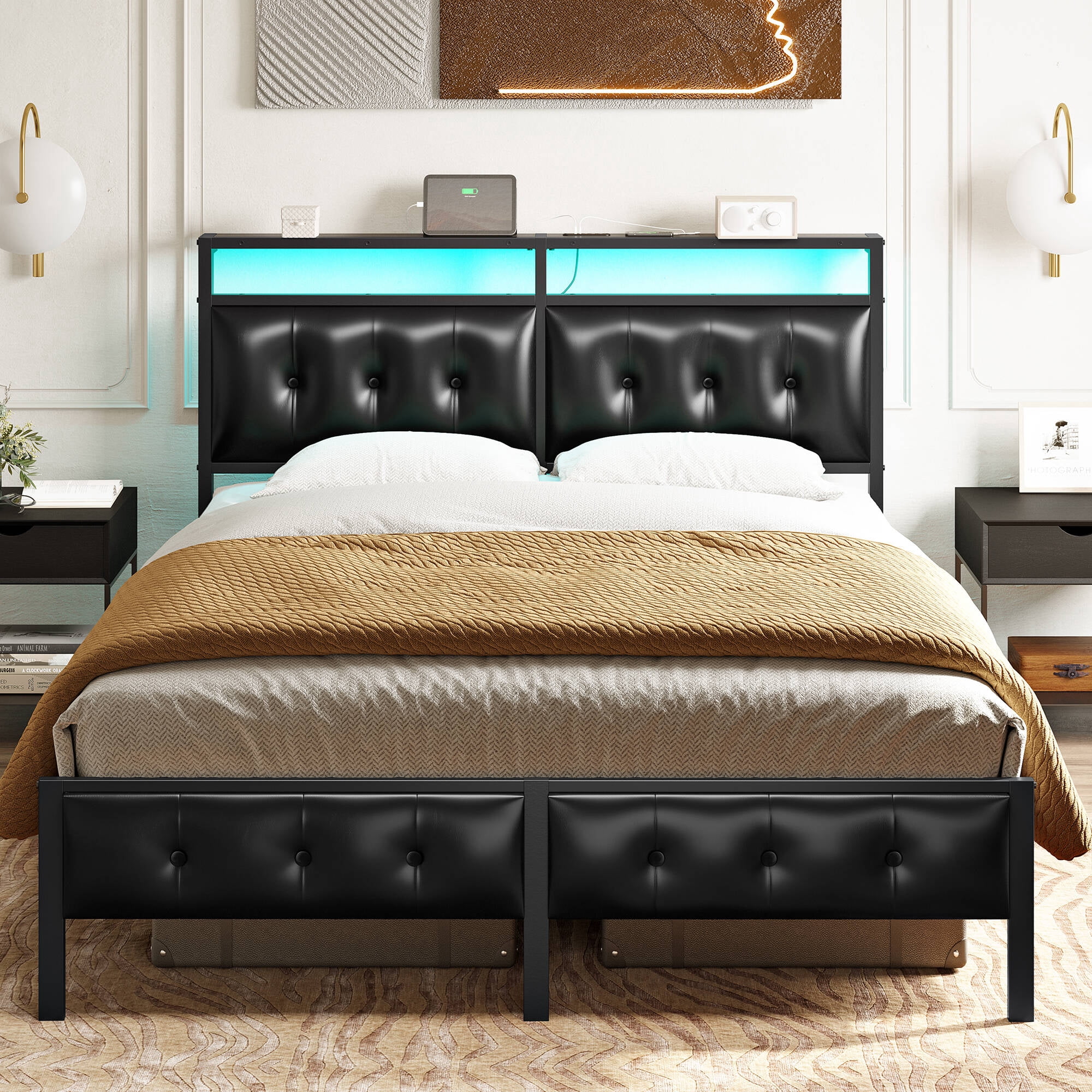GUNAITO Full Size Bed Frame with PU Leather Storage Headboard & Footboard Upholstered Platform Bed with LED Lights USB Ports & Outlets Black