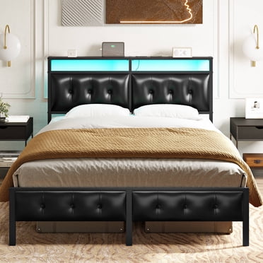 GUNAITO Queen Bed Frame with Storage Headboard Upholstered Platform Bed with LED Lights and Power Charging Station, Black
