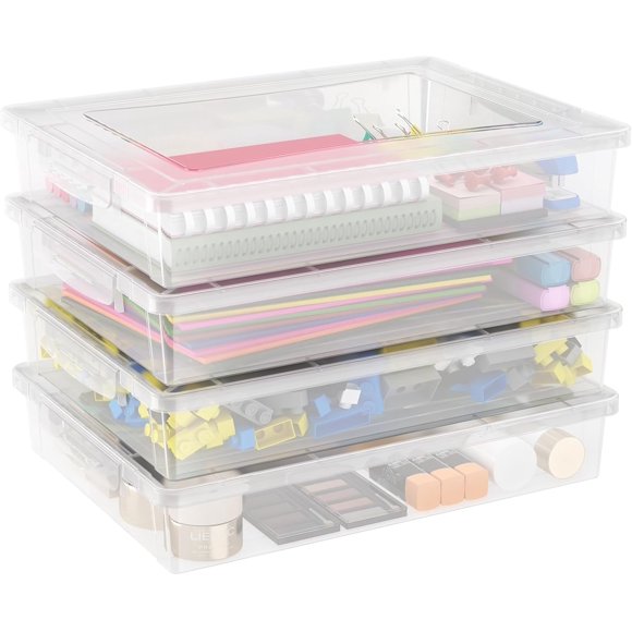 Plastic Paper Organizer with Lid, 4 Set, Fits A4, Letter & Smaller | Multi-Purpose 12.4" x 9.1" File Box with Latching Lids, Document Storage for Scrapbook, Magazine, Photo, Craft, Art Supplies