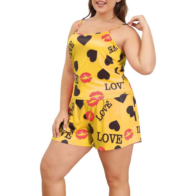 WTXUE Ensembles de Pyjama pour Femme / Ensembles de Pyjama Grande Taille Ensemble de Pyjamas Décontractés pour Femmes Plus Cœur & Imprimé Haut à Col Rond & Shorts à Taille Élastique Deux Ensembles / 2 Pcs Jaune 5TG