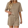thumbnail image 1 of Striped 2 Piece Sweater Set for Womens Summer Short Sleeve Tops Loose Matching Shorts Lounge Sets Tracksuit, 1 of 5
