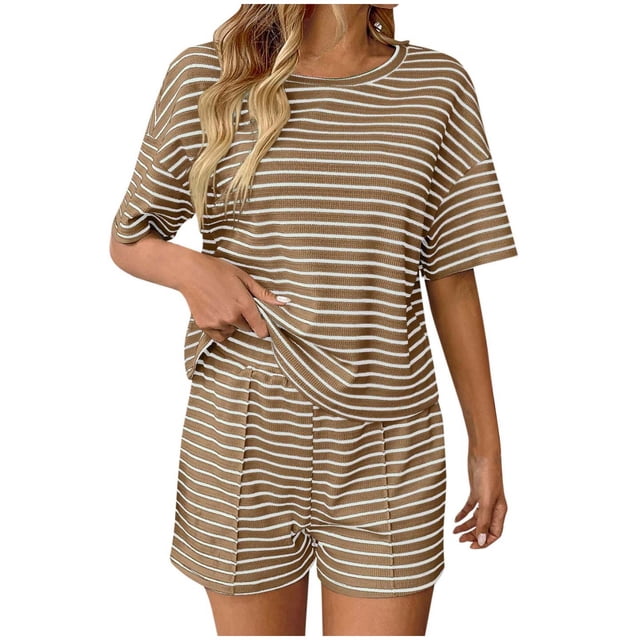 Striped 2 Piece Sweater Set for Womens Summer Short Sleeve Tops Loose Matching Shorts Lounge Sets Tracksuit