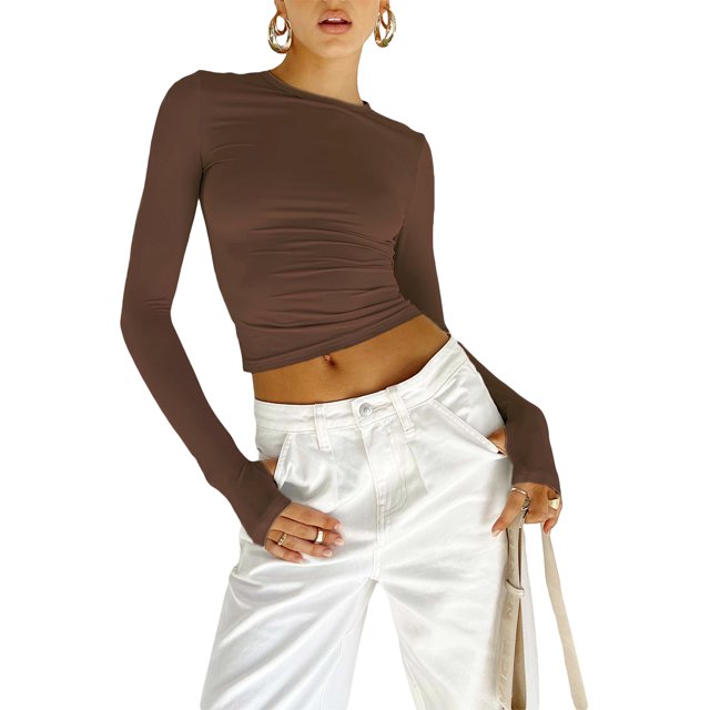Faithtur T-shirt pour Femmes, Manches Longues Col Rond Ajusté Crop Top avec Trous pour les Pouces pour Usage Quotidien