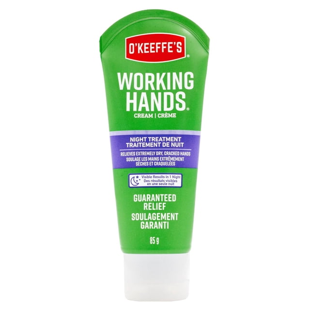 Working Hands Night Treatment by O'Keeffe's, an 85g green tube hand cream that deeply conditions and relieves extremely dry, cracked hands overnight with guaranteed relief and visible results in one night, suitable for intensive hand care while you sleep.