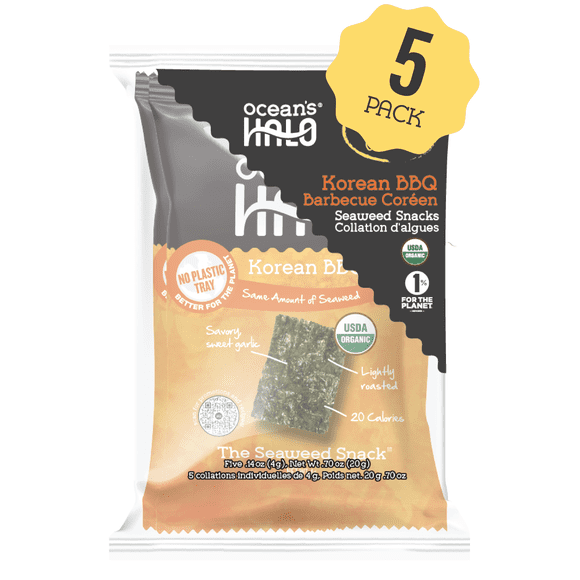 Ocean's Halo Organic 5-pack Korean BBQ Seaweed Snack, Trayless Crispy Nori Snack, 4g Each