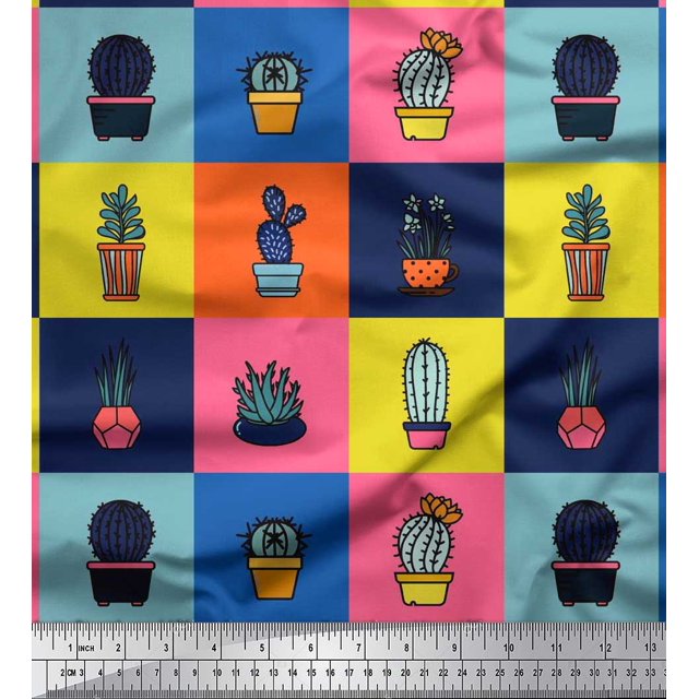 Soimoi Polyester Crepe Fabric Cactus Tree Printed Craft Fabric by The Yard 52 Inch Wide