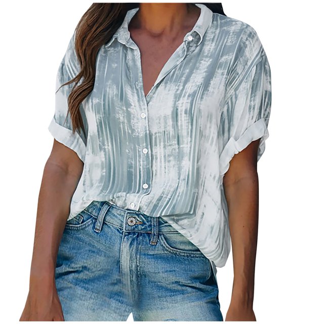 Womens Short Sleeve Blouses in a grey printed design with a button-up front, V-neck collar, and rolled short sleeves. This lightweight polyester top is ideal for casual wear, parties, or work. Perfect for pairing with denim jeans, it combines style and comfort for women's short sleeve tops.