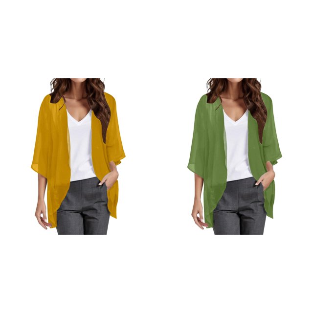 2 Pack(Yellow 1PCS & Green 1PCS) Multipack Womens Cardigan Sweaters for Fall Womens Solid Elegant Puff Sleeve Cardigan Loose Cover Up Casual Blouse Tops