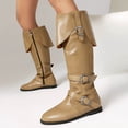 thumbnail image 4 of Knee High Motorcycle Riding Boots for Women Vintage Buckle Low Heel Mid Calf Combat Work Tall Boots, 4 of 7