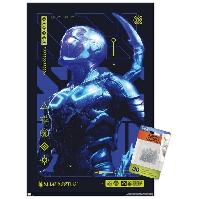 DC Comics Movie Blue Beetle - Biotech Wall Poster, 22.375" x 34" featuring a front-facing blue armored superhero with glowing eyes and biomechanical details on a dark background with neon blue and yellow tech graphics and the Blue Beetle logo, printed on glossy paper with included clear pushpins for easy hanging, suitable for bedroom or office wall décor.
