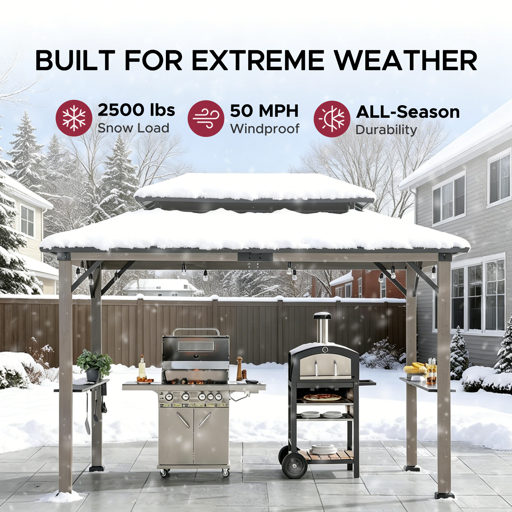 Sunjoy Tonnelle Gazebo en Bois avec Barbecue Intégré, 2.4 x 3.7 m, toit Rigide en Acier, pour des Grillades toute L'année