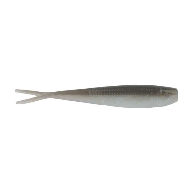 Berkley GMI4-STRYN Gulp! Appât Souple Minnow 4 Po, Nuit Étoilée, Sac Montrant une Vue Latérale d'Un Leurre de Pêche en Plastique Souple de 4 Po avec une Queue Fourchue, Conçu pour Imiter un Minnow. Il a un Haut de Corps Foncé Se Décolorant en Dessous Plus Clair avec des Mouchetures Bleues, Idéal pour les Installations d'Articles de terminal.