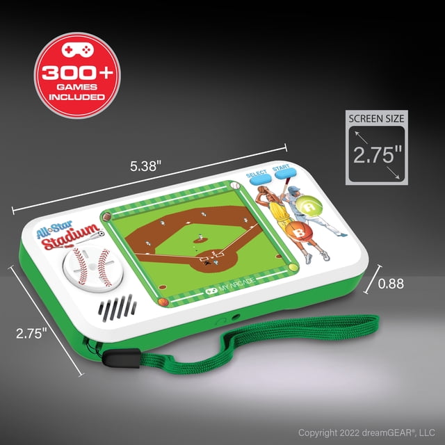All-Star Stadium Pocket Player handheld retro gaming console with 2.75-inch full-color screen displaying a baseball game, white and green casing with baseball-themed buttons, front speaker, volume control, and green wrist lanyard, measuring 5.38 by 2.75 by 0.88 inches, featuring over 300 built-in games including licensed Jaleco titles.