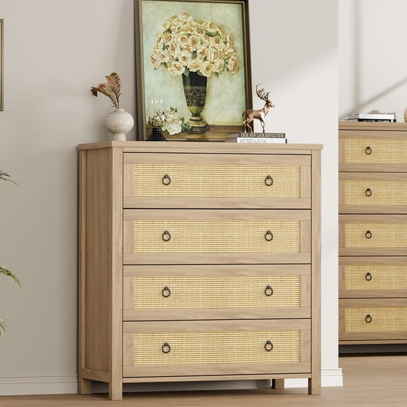 YUSAZENS Rattan Chest of Drawers, 37-Inch Tall 4-Drawer Storage Organizer for Bedroom & Living Room