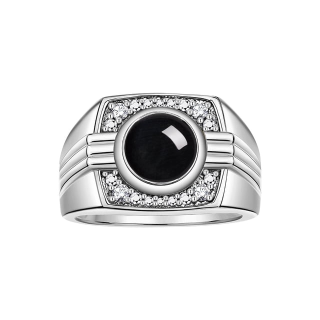 RYLOS Mens Rings 14K White Gold Designer Round Gemstone & Sparkling Diamond Ring Cabochon Onyx October Birthstone Rings For Men, Men's Rings, Gold Rings Sizes 8 - 13