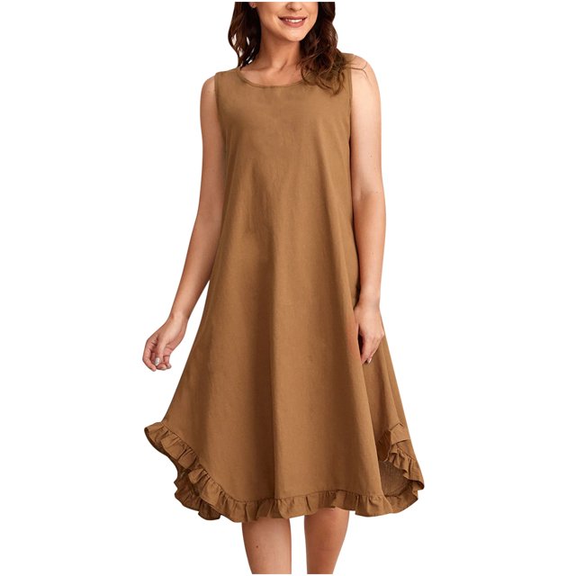 AherBiu Robe Midi Basique Décontractée d'Été pour Femmes en Coton et Lin Sans Manches à Col Ras du Cou avec Volants et Poches