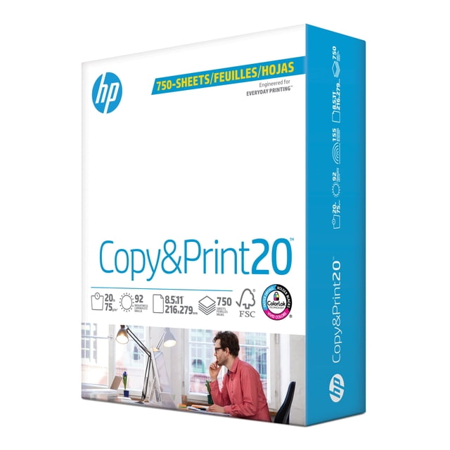 HP Printer Paper, Copy & Print 20 lb, 8.5 x 11 inches, 1 bulk pack containing 750 sheets with 92 brightness and ColorLok technology for vivid colors and bold blacks. The packaging highlights its FSC certification, 0% deforestation production, and suitability for high-volume printing at home, school, or office. The box is white with blue accents and features product details and an image of a person working at a desk in a bright office setting.