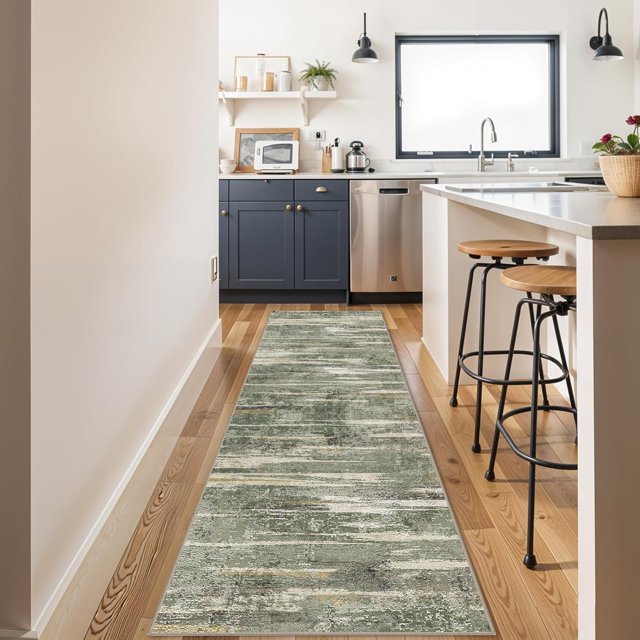 Washable 3x10 Kitchen Runner Rug - Indoor Modern Abstract Hallway Carpet with Non Slip Backing Soft Low Pile Rugs for Bedroom Entryway Indoor Home Decor Floor Mat for Bathroom Laundry 3x10 Green