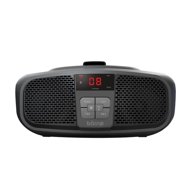 Borne Bluetooth CD Boombox with AM/FM Radio in black, front view showing dual speaker grilles, central LED display with track number '08', playback control buttons including repeat, program, play/pause, and track navigation, and built-in carry handle, ideal for wireless music streaming and auxiliary input use.