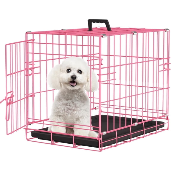 FDW Dog Crate for Large Dogs 48 Inch Folding Metal WirePet Cage Double Door WDivider Panel Indoor Outdoor Kennel Leak-Proof Plastic Tray, Pink