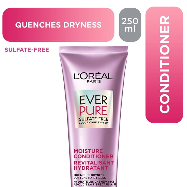 EverPure Moisture Sulfate-Free Conditioner by L'Oréal Paris in a 250 ml lavender tube with a reflective label, formulated to quench dryness and hydrate color-treated hair without sulfates, softening hair fibers for healthy shine.
